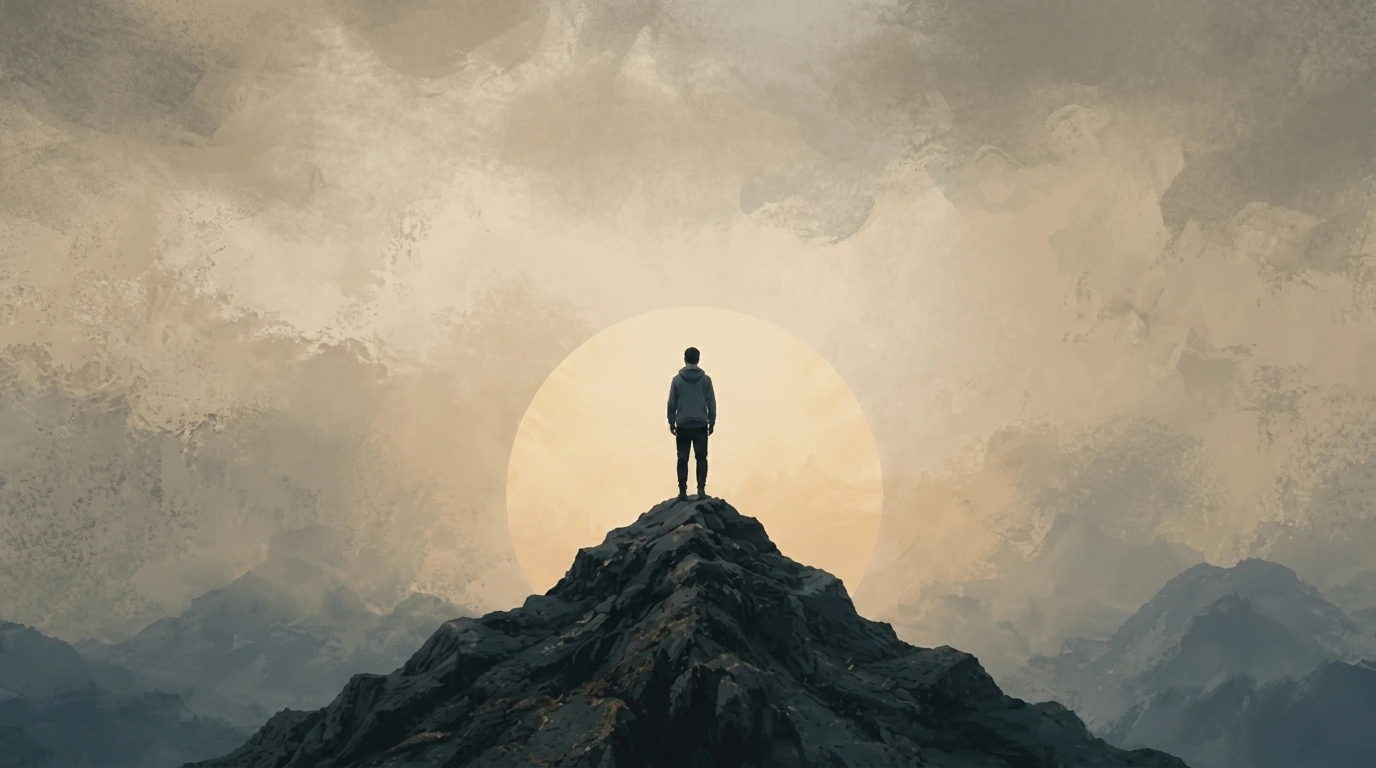 a person standing on top of a mountain feeling empty after achieving what he was after