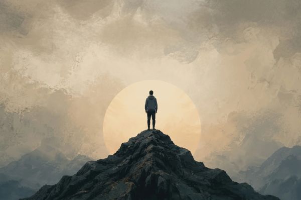 a person standing on top of a mountain feeling empty after achieving what he was after