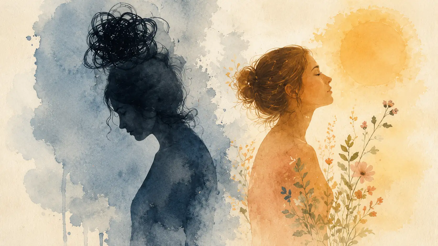 Watercolor portrait contrasting prolonged grief and healing through light and shadow.