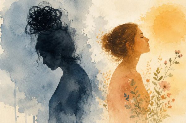 Watercolor portrait contrasting prolonged grief and healing through light and shadow.