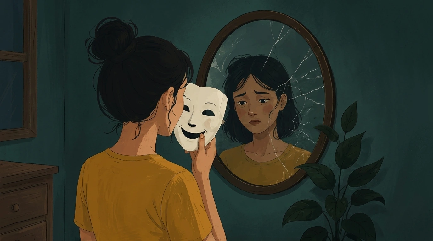 Person holding a smiling mask before a cracked mirror, revealing a sad reflection behind it.