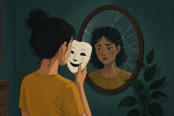 Person holding a smiling mask before a cracked mirror, revealing a sad reflection behind it.
