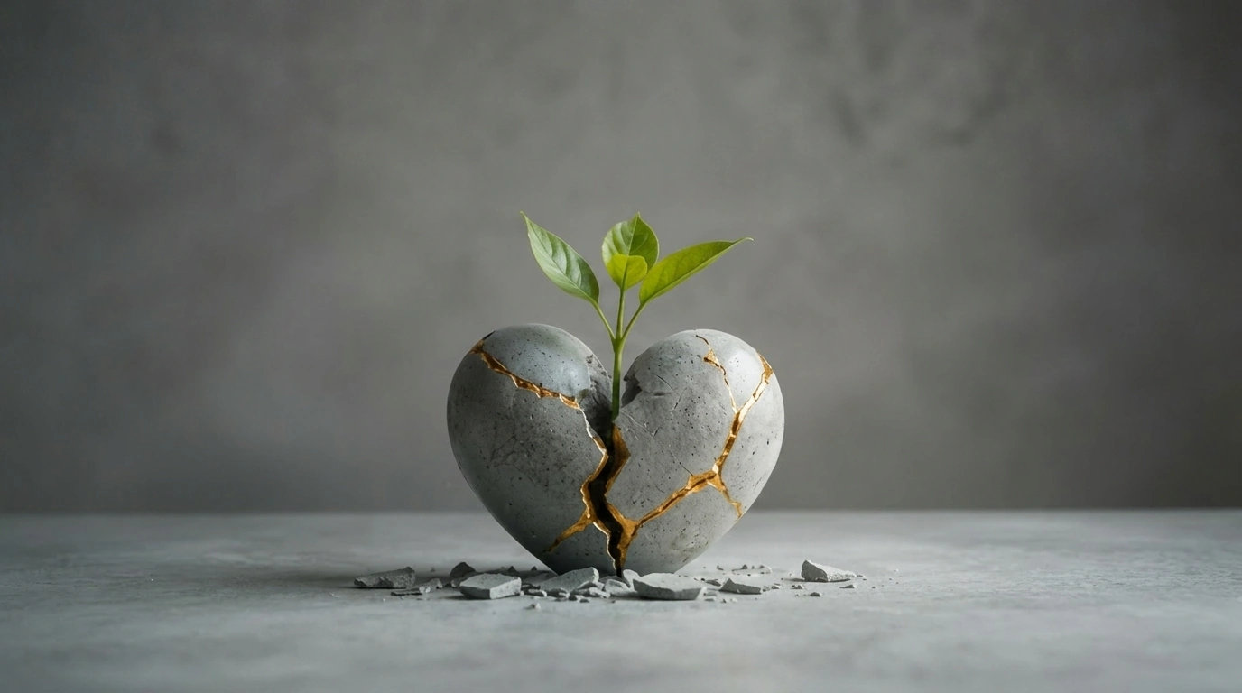 Broken heart-shaped stone repaired with gold seams, sprouting a green shoot of new growth.