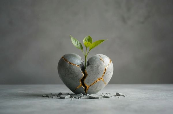 Broken heart-shaped stone repaired with gold seams, sprouting a green shoot of new growth.