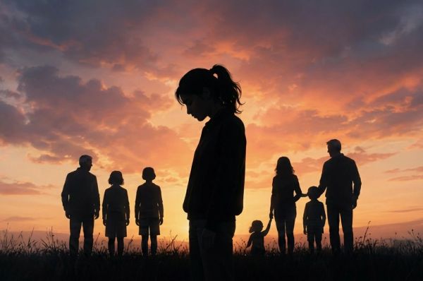 Silhouetted eldest child stands apart from family at sunset, carrying emotional responsibility.