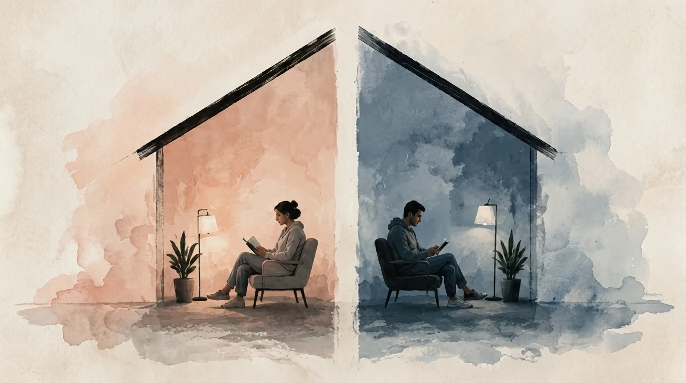 Watercolor illustration of a house divided by distance, with a couple sitting apart inside.