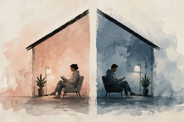 Watercolor illustration of a house divided by distance, with a couple sitting apart inside.