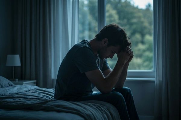 a person sitting on the side of a bed feeling depressed suffering from withdrawal