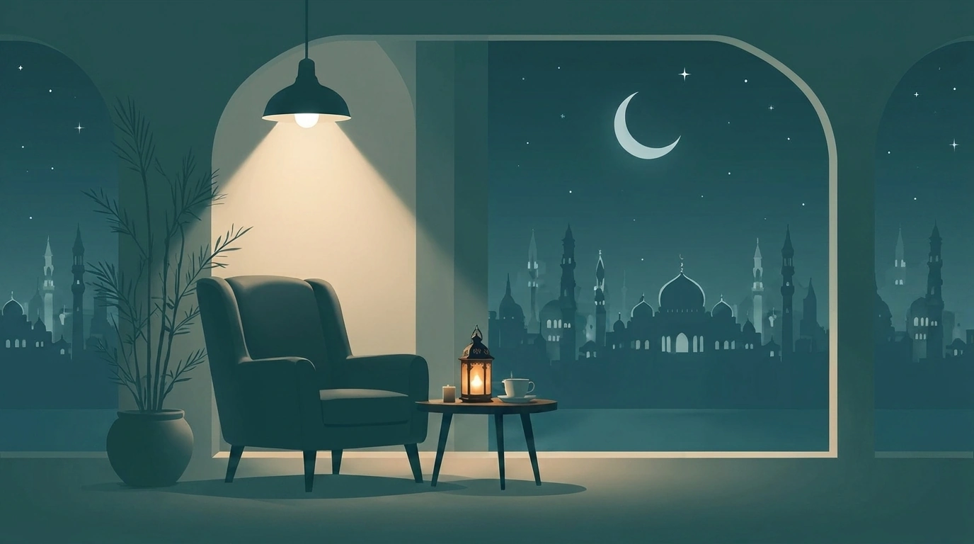 "Minimalist Ramadan room with armchair, lantern, and moonlit mosque skyline at night."
