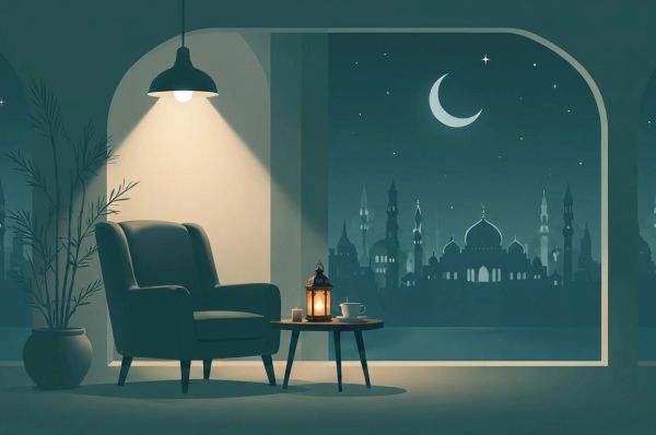 "Minimalist Ramadan room with armchair, lantern, and moonlit mosque skyline at night."