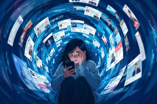 Anxious person overwhelmed by endless news and social media posts swirling around a smartphone.