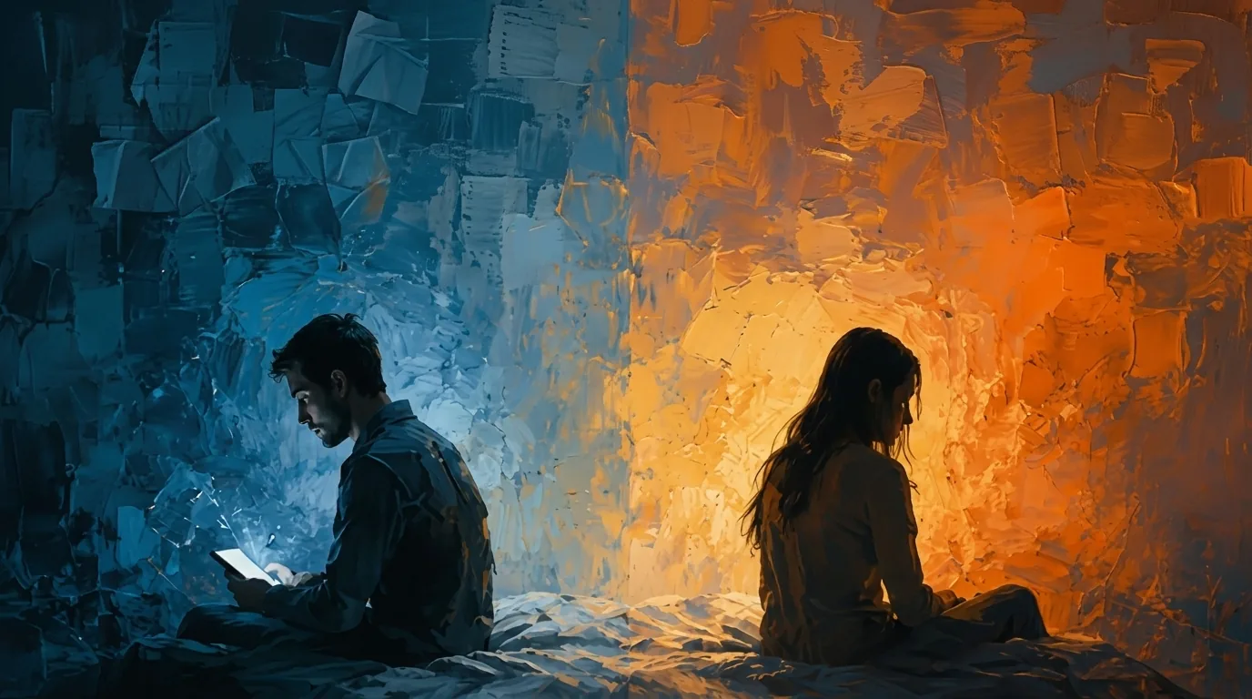 Man alone on a bed lit by a phone screen, symbolizing emotional distance and isolation.
