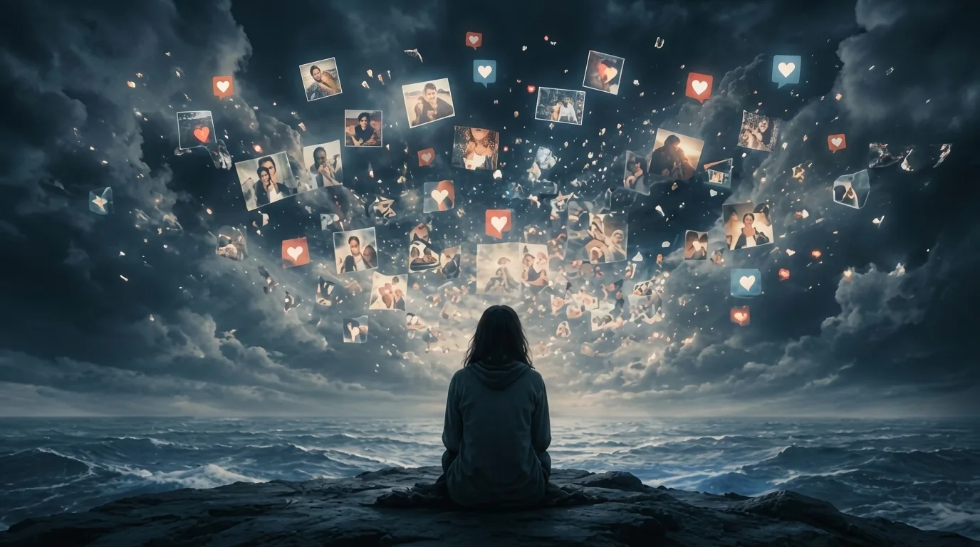 Alone by the sea beneath a storm of floating social media posts and notifications.