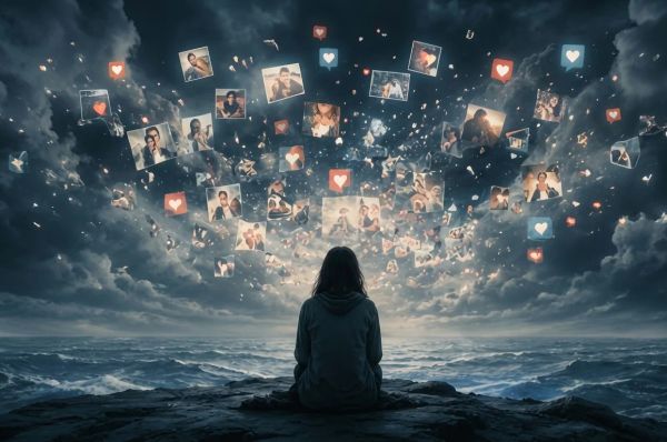 Alone by the sea beneath a storm of floating social media posts and notifications.