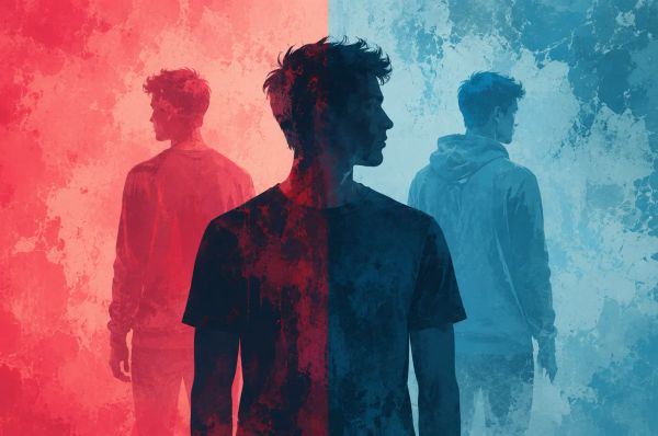 Young man between contrasting idealized selves, symbolizing comparison, body image, and self-confidence.