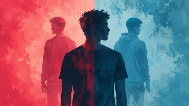 Young man between contrasting idealized selves, symbolizing comparison, body image, and self-confidence.