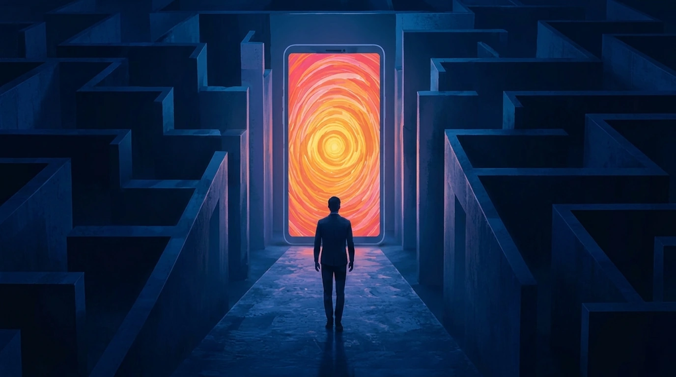 A lone figure stands before a glowing portal at the end of a dark maze, symbolizing temptation.