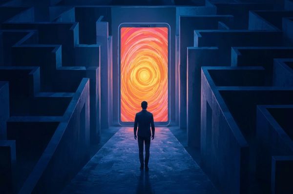 A lone figure stands before a glowing portal at the end of a dark maze, symbolizing temptation.