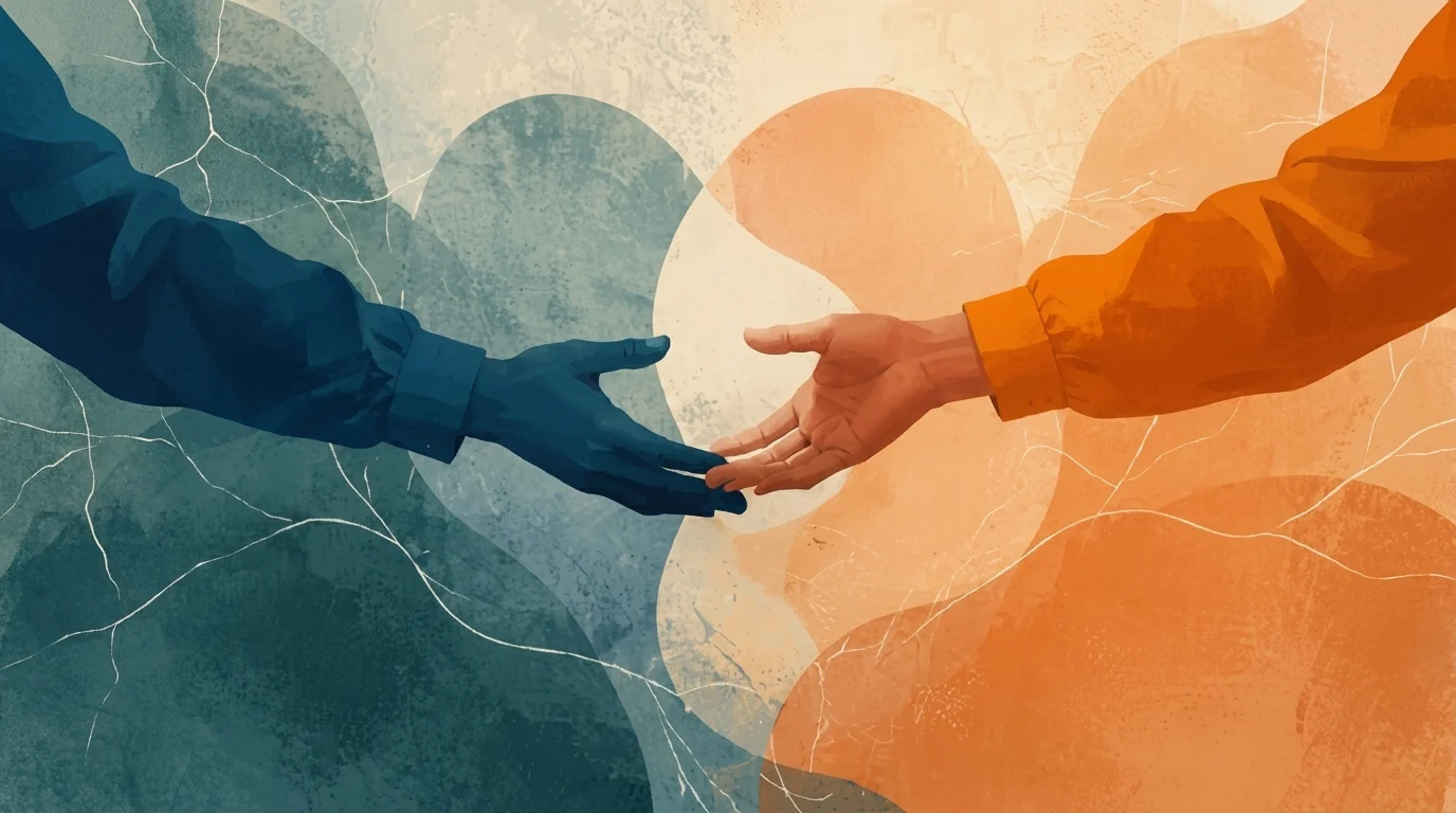Helping hands reaching across abstract shapes, symbolizing support and addiction recovery.