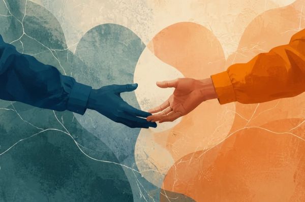 Helping hands reaching across abstract shapes, symbolizing support and addiction recovery.