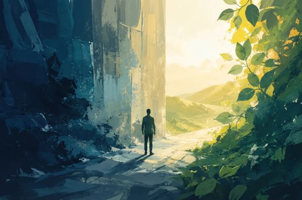 Person standing at the edge of a dark passage opening into a bright, green landscape.