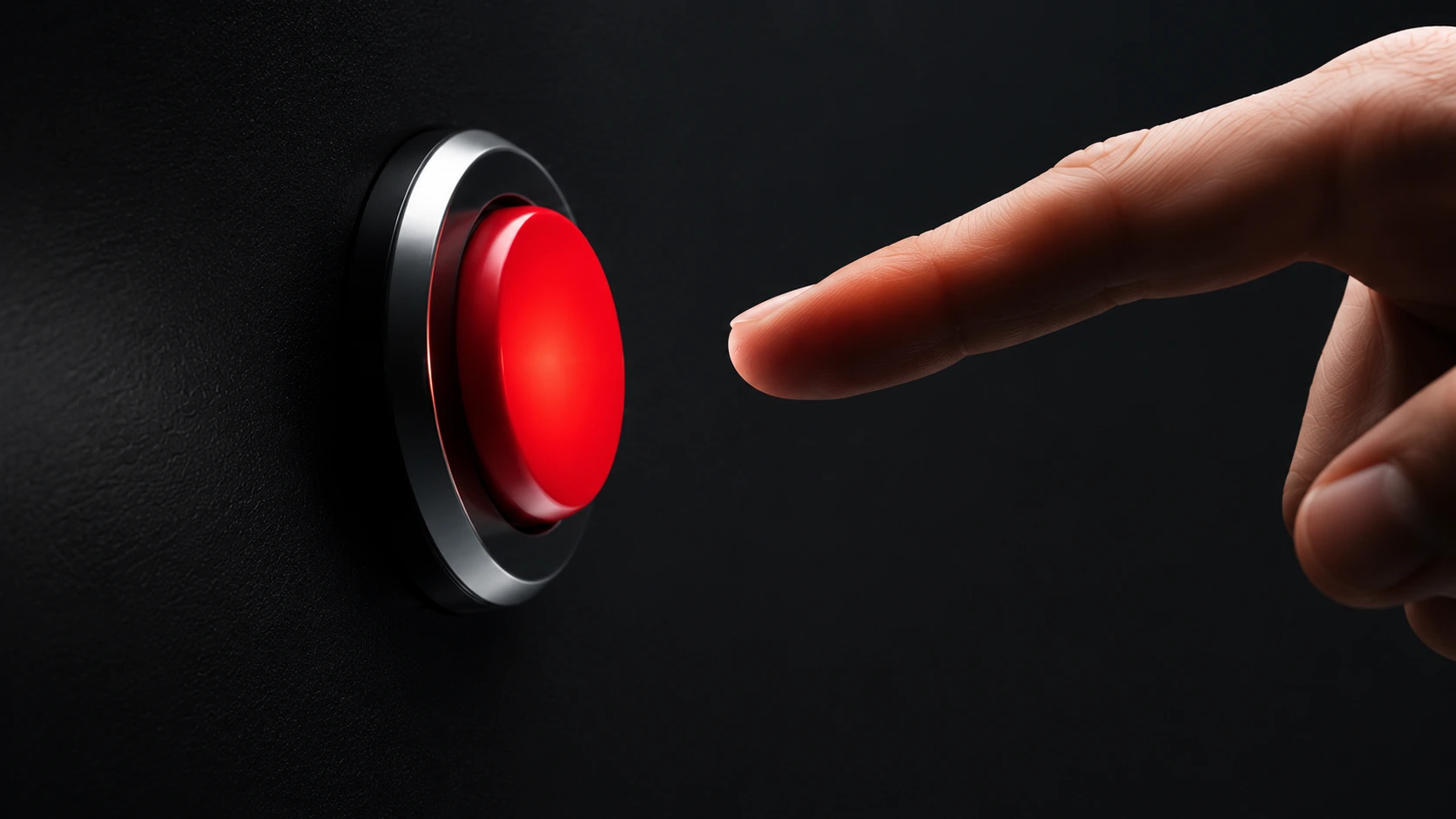 Finger hovering over a glowing red button in a dark, minimal scene, capturing tension.