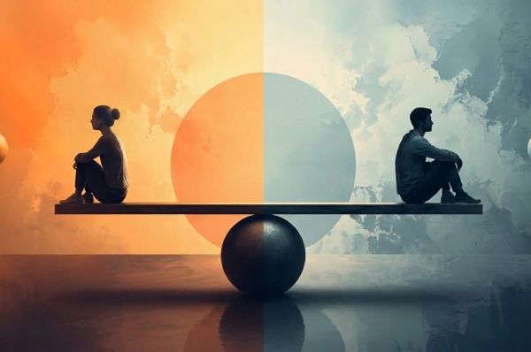 Two figures sit apart on a balanced beam, split by warm and cool tones, symbolizing tension.