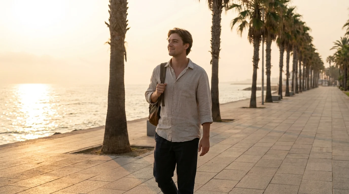 a young man walking along the corniche with calm expression and open posture