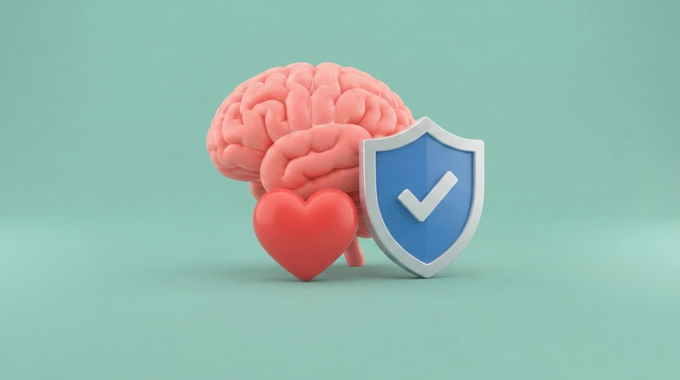 Brain, heart, and shield symbolizing mental wellness, resilience, and healthy digital habits.