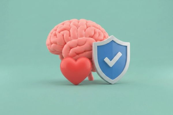 Brain, heart, and shield symbolizing mental wellness, resilience, and healthy digital habits.