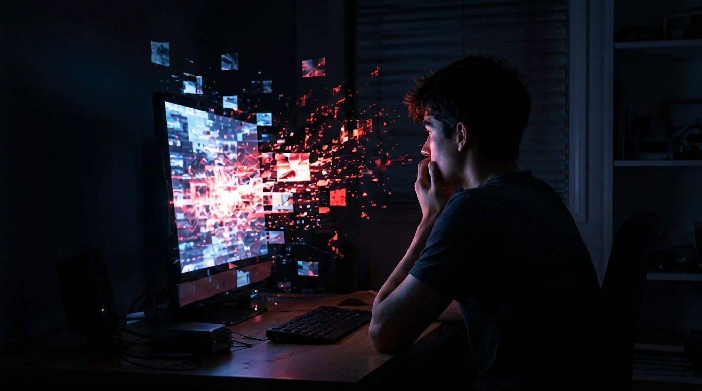 Person sitting in a dark room, distracted by glowing screens and digital noise.
