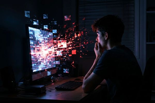 Person sitting in a dark room, distracted by glowing screens and digital noise.