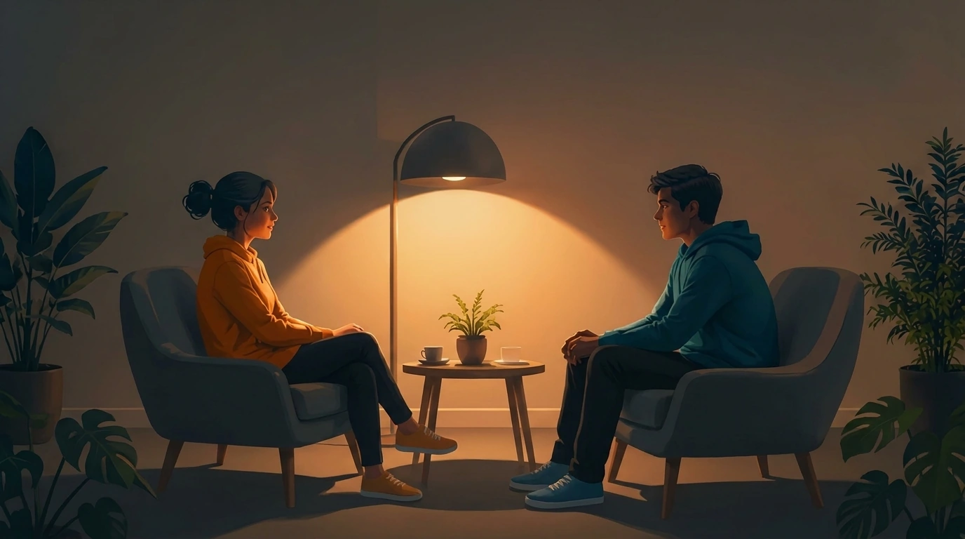 Couple in a calm counseling conversation, rebuilding trust through open communication.