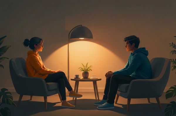 Couple in a calm counseling conversation, rebuilding trust through open communication.