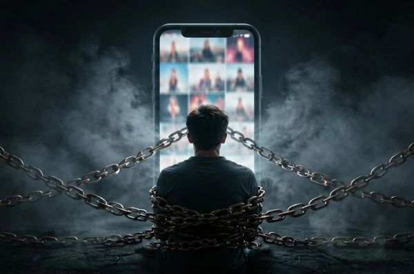"Person chained before a glowing screen, symbolizing compulsive digital reward seeking."