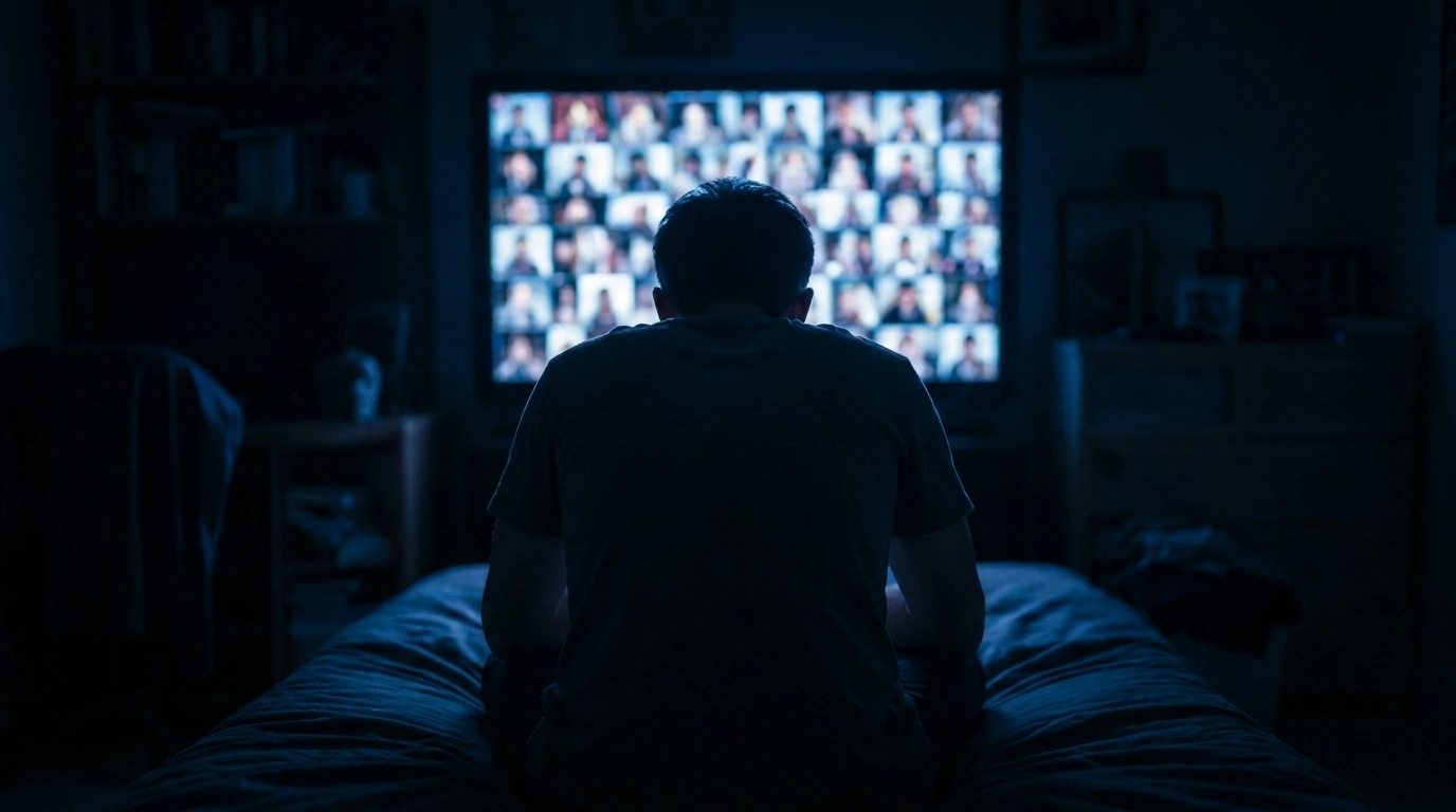 Man sitting in dark room, facing glowing screen filled with many thumbnails, feeling isolated