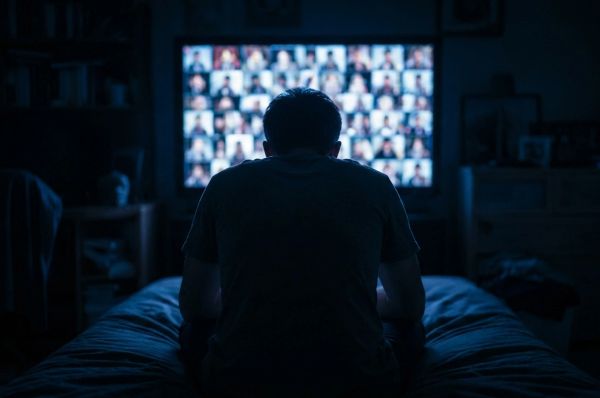 Man sitting in dark room, facing glowing screen filled with many thumbnails, feeling isolated
