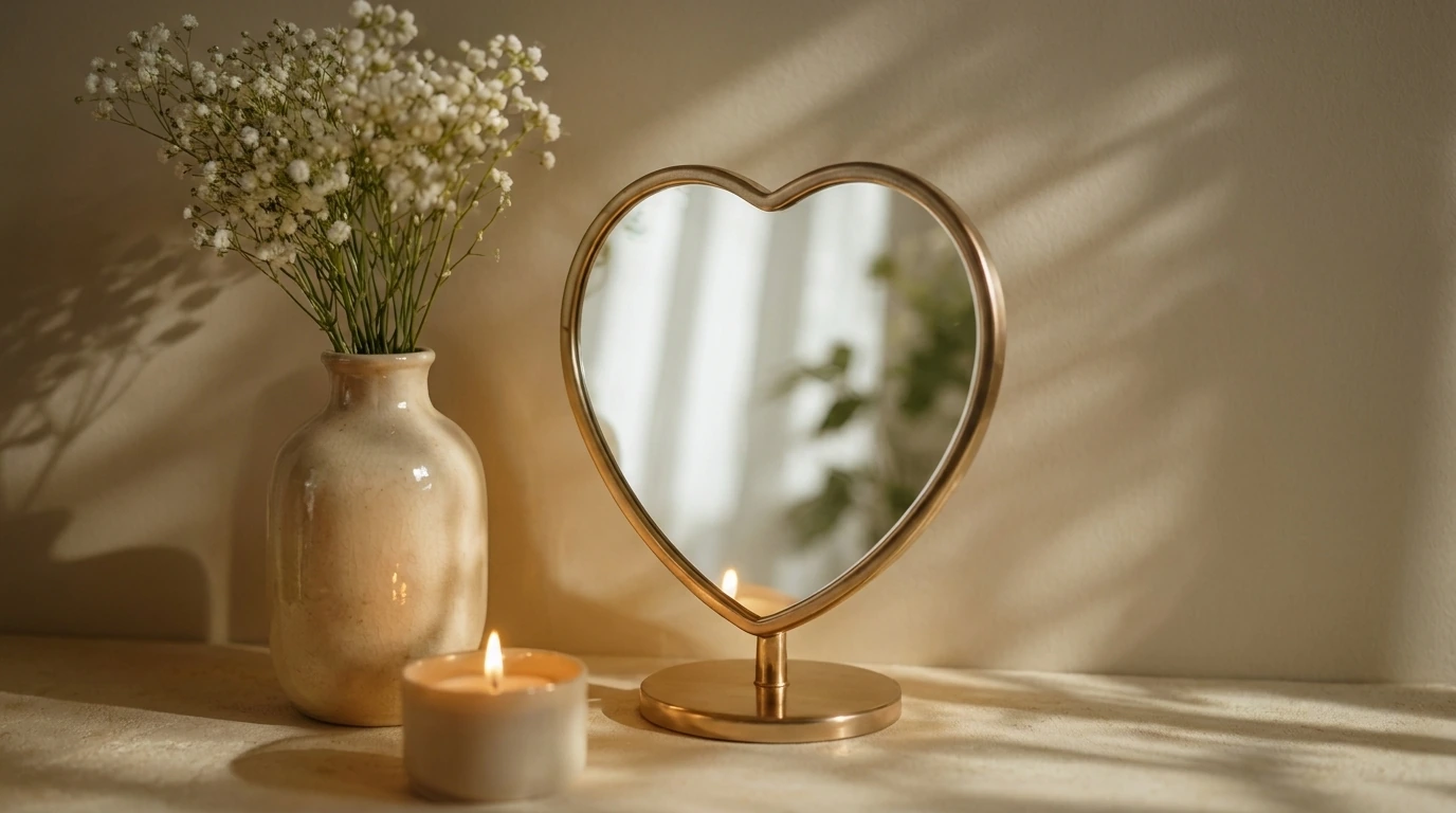 Heart-shaped mirror beside a candle and flowers, glowing softly in warm light.