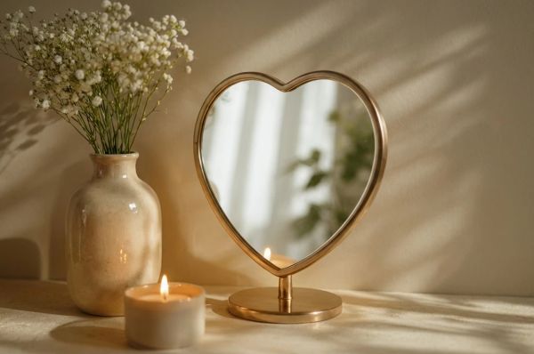 Heart-shaped mirror beside a candle and flowers, glowing softly in warm light.