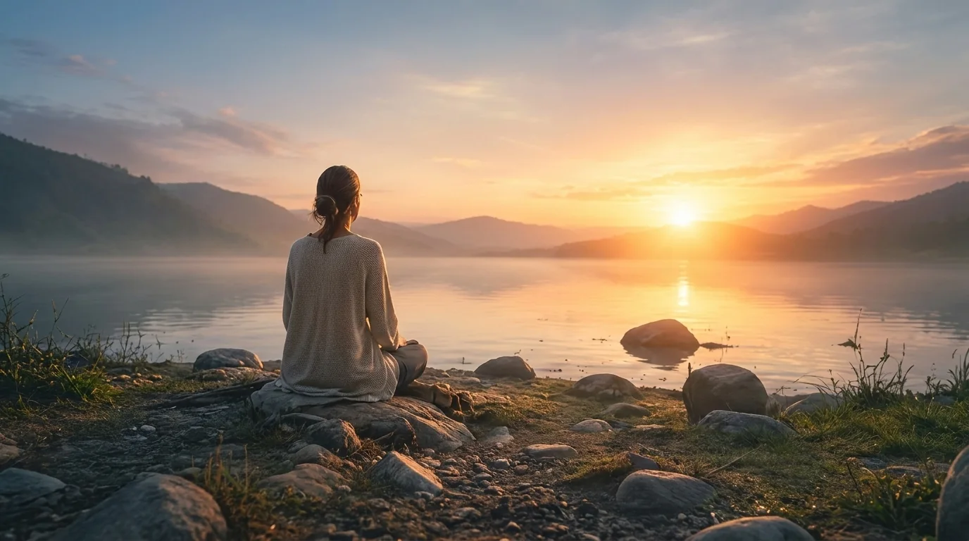 Person meditating by a calm lake at sunrise, reflecting peace and emotional release.