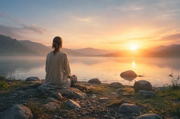 Person meditating by a calm lake at sunrise, reflecting peace and emotional release.