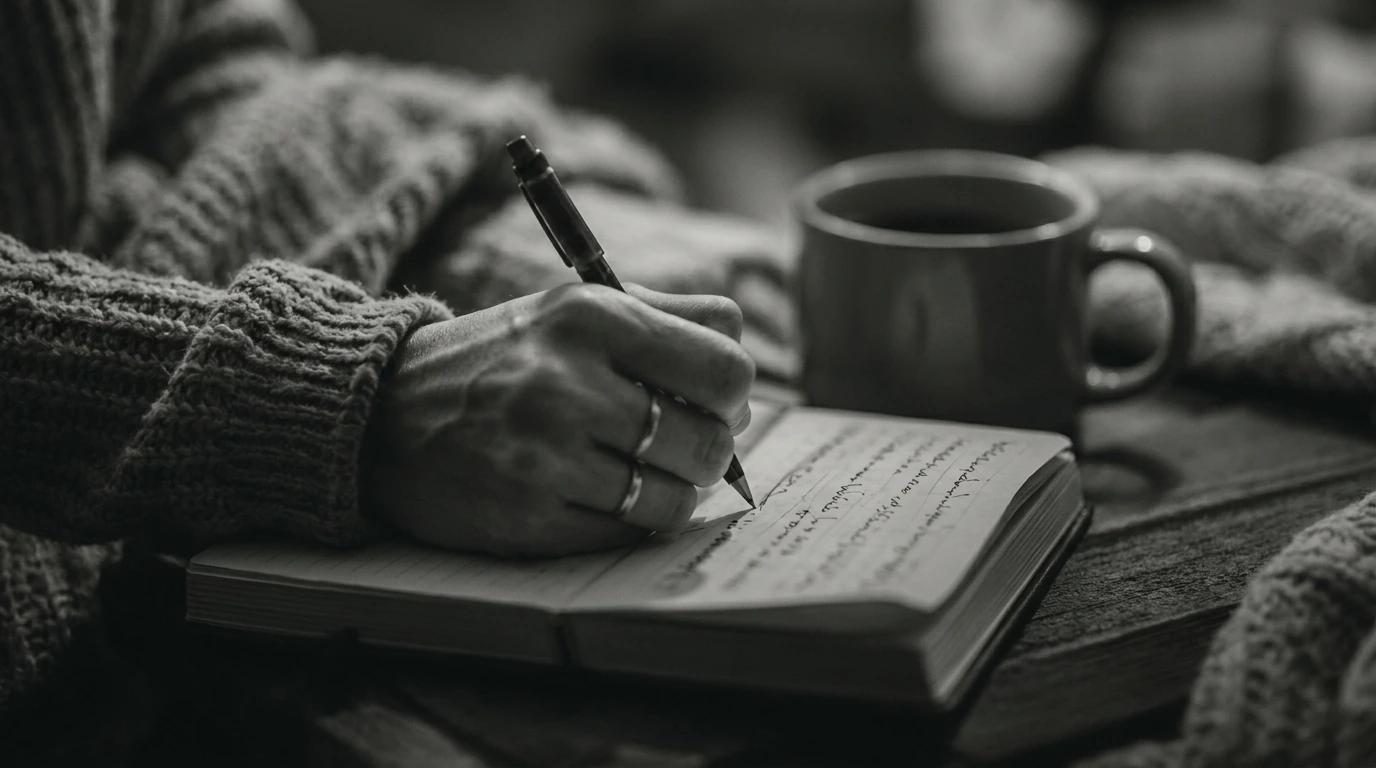 Close-up of a hand writing in a notebook beside a coffee cup, soft cozy lighting.