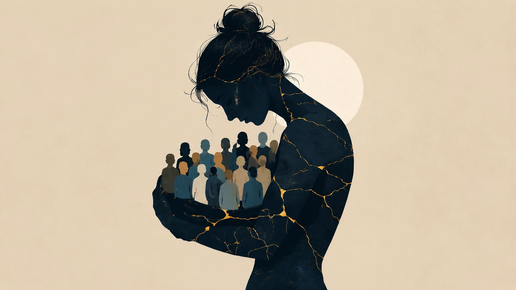 Woman cradling a crowd while golden cracks spread through her silhouette, symbolizing self-sacrifice.