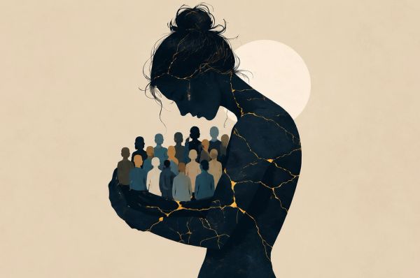 Woman cradling a crowd while golden cracks spread through her silhouette, symbolizing self-sacrifice.