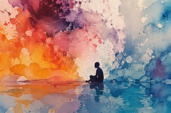 Meditative silhouette reflected in watercolor hues, symbolizing inner exploration and emotional courage.