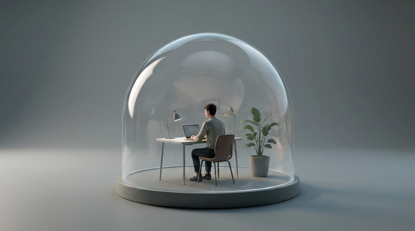 Focused professional working beneath a transparent dome, symbolizing healthy digital boundaries.