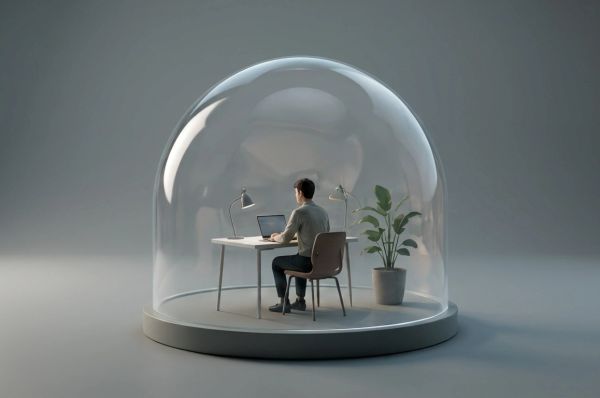 Focused professional working beneath a transparent dome, symbolizing healthy digital boundaries.