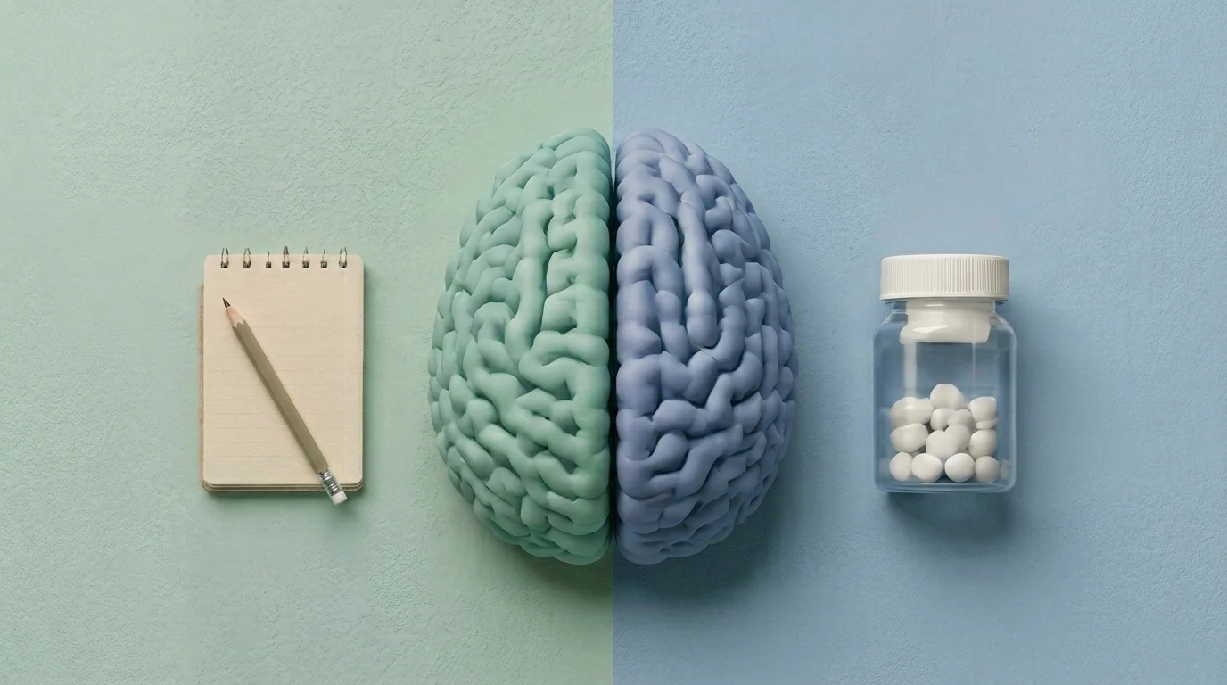 Brain model beside a notebook and pen, symbolizing mental analysis and diagnosis