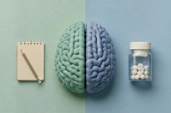Brain model beside a notebook and pen, symbolizing mental analysis and diagnosis