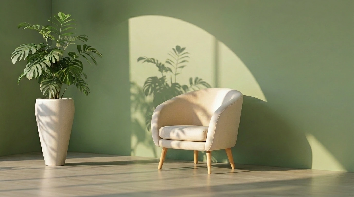 Minimal cozy chair by green wall with plant shadows, calm therapy space at home